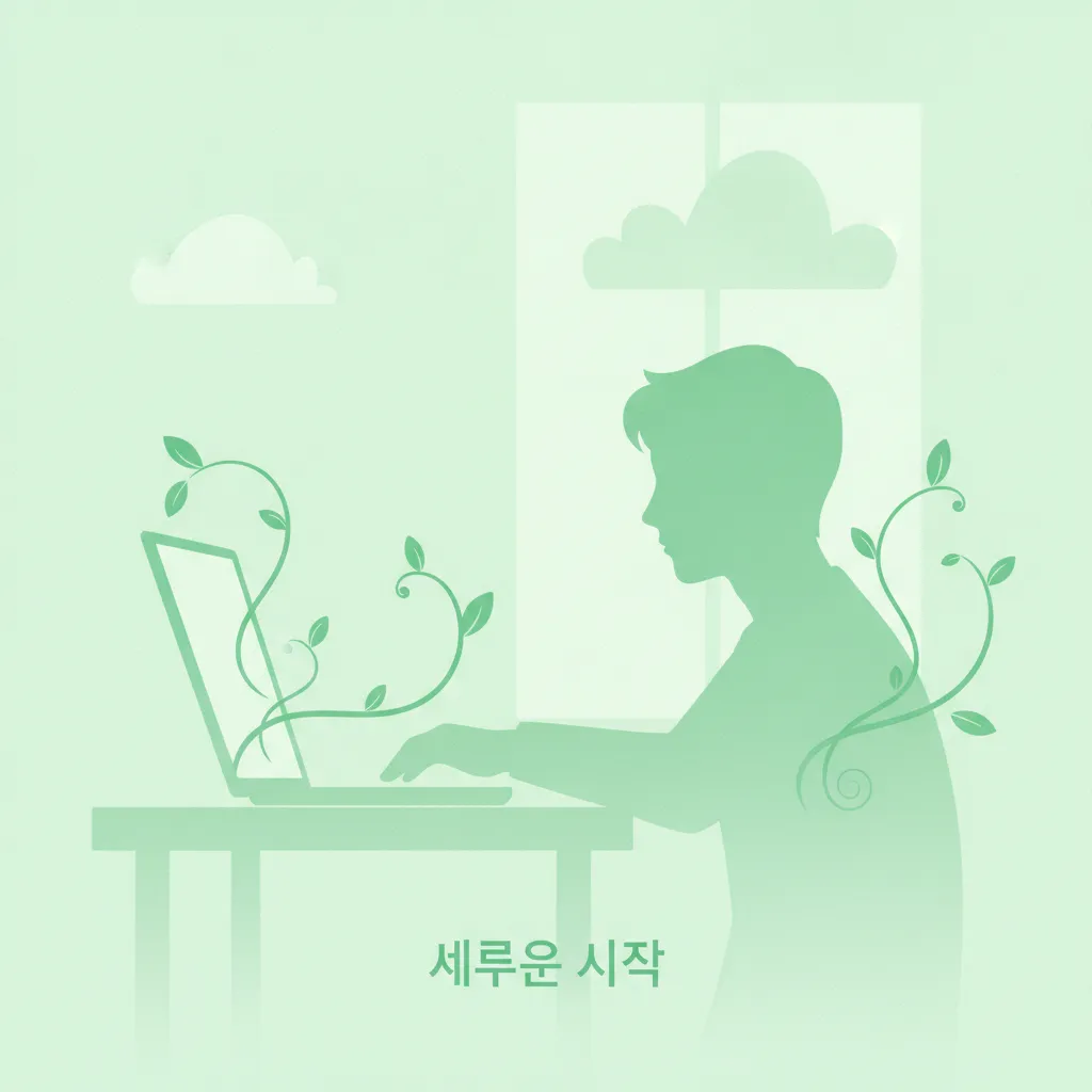 새로운 아이디어를 구상하며 노트북을 보는 인물 실루엣과 새싹