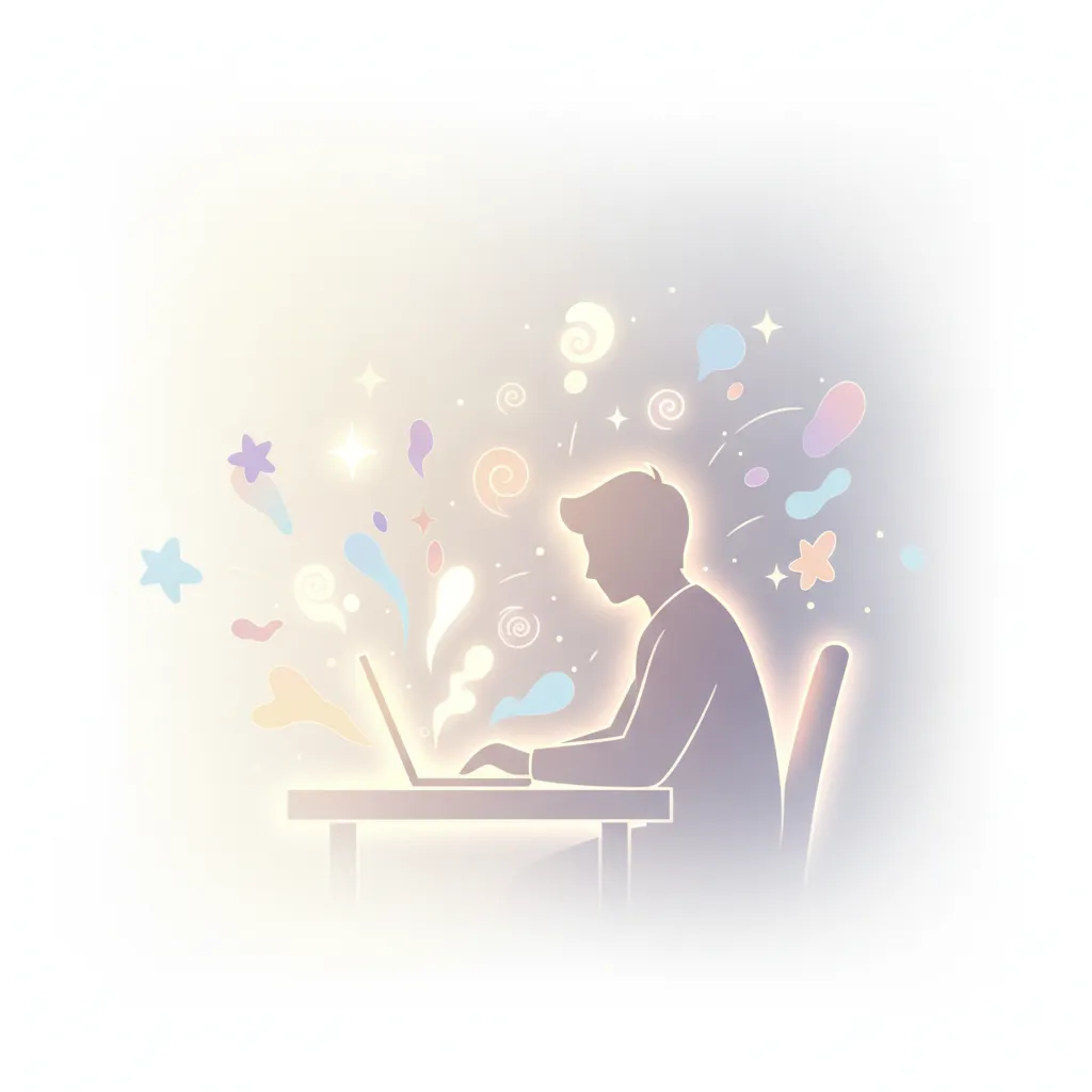몰입하여 작업하는 사람의 실루엣, 주변에 빛나는 창의적인 아이디어를 상징하는 오브젝트.