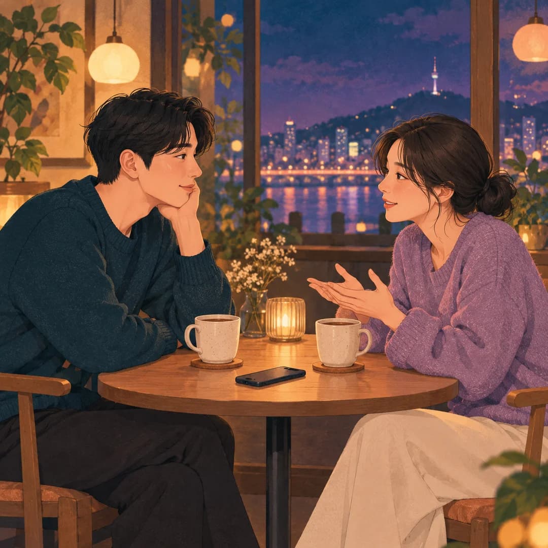 카페에서 서로의 말을 차분하게 듣는 두 사람의 일러스트