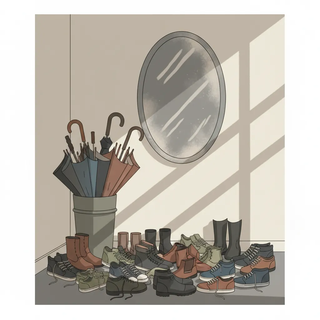 어지러운 신발과 우산, 먼지 쌓인 거울이 있는 어두운 현관의 미니멀한 일러스트
