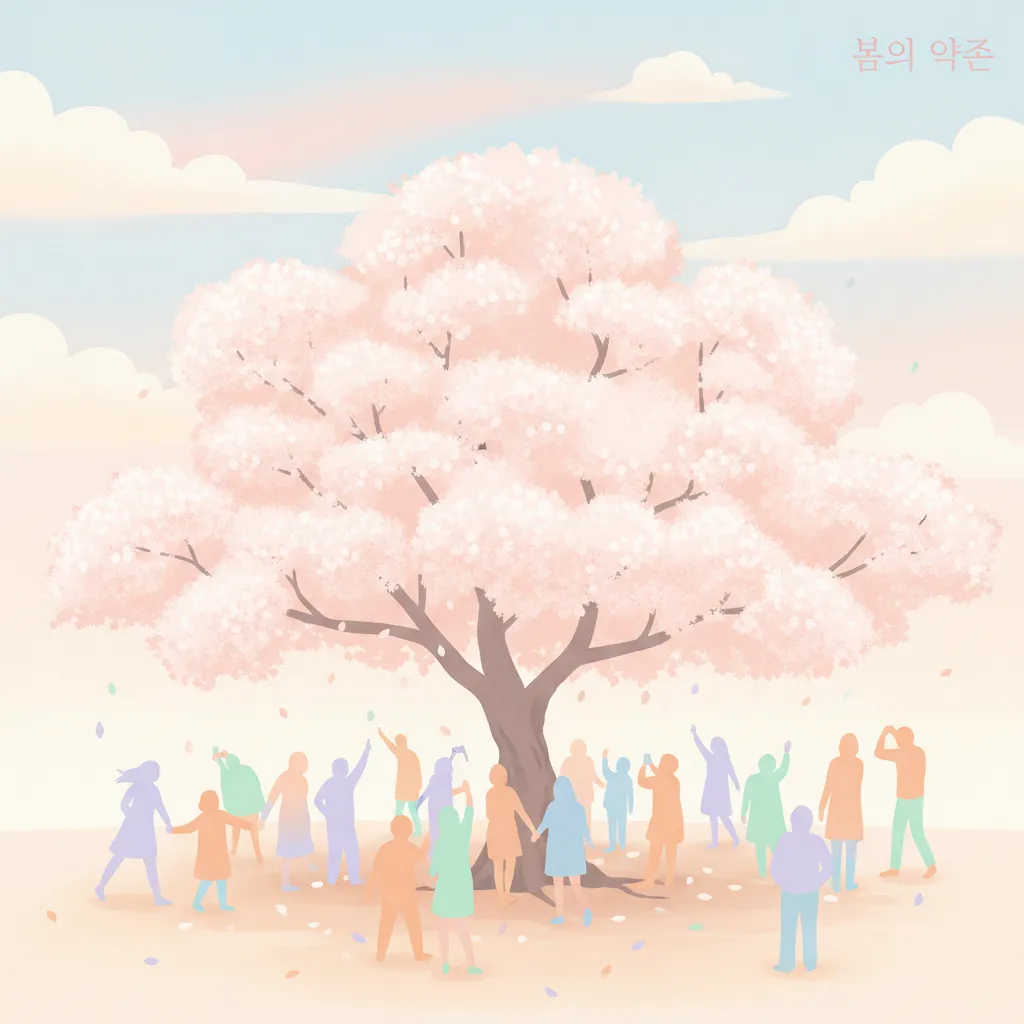 사람들의 시선을 끄는 복숭아꽃과 그 주변에 모여든 인물 실루엣 일러스트