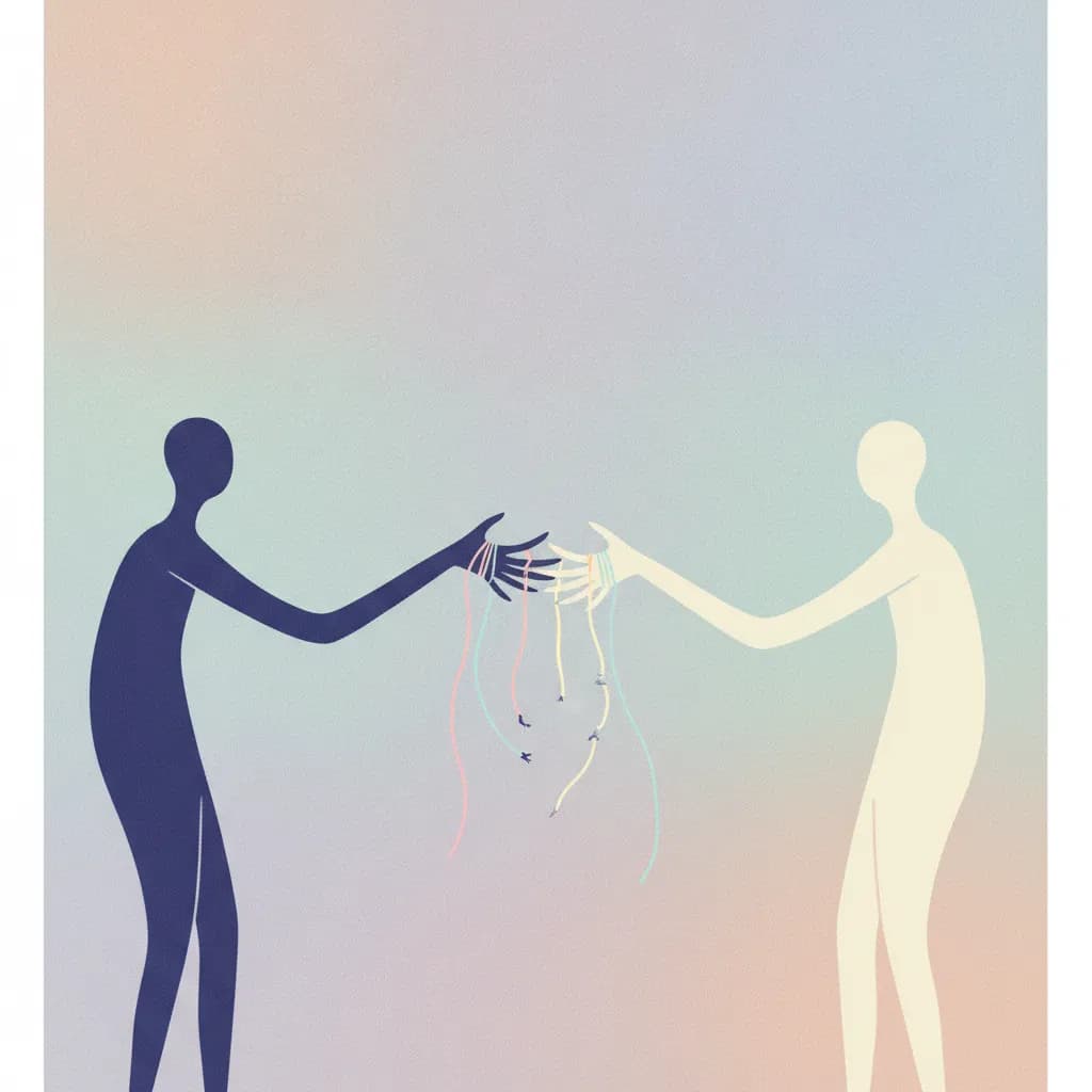 다른 사람의 손을 과도하게 잡으려는 불안한 인물 실루엣, 불안정한 애착을 상징