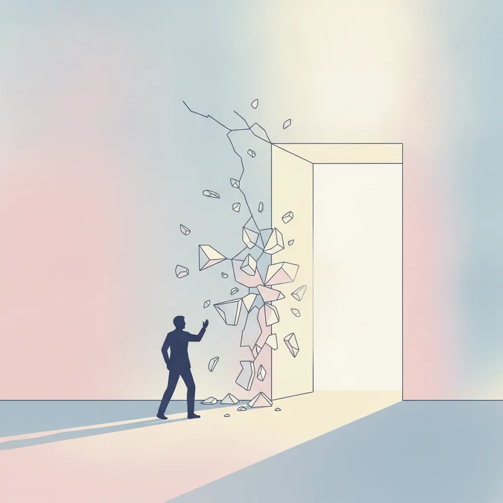 답답한 벽을 허물고 새로운 길을 향하는 사람의 실루엣