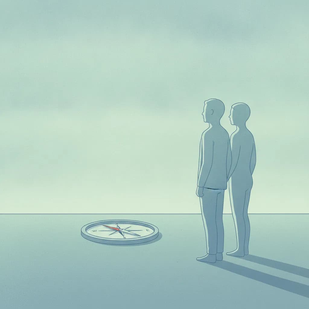 두 인물 실루엣이 나란히 서서 같은 방향을 바라보는 모습, 앞에 놓인 나침반
