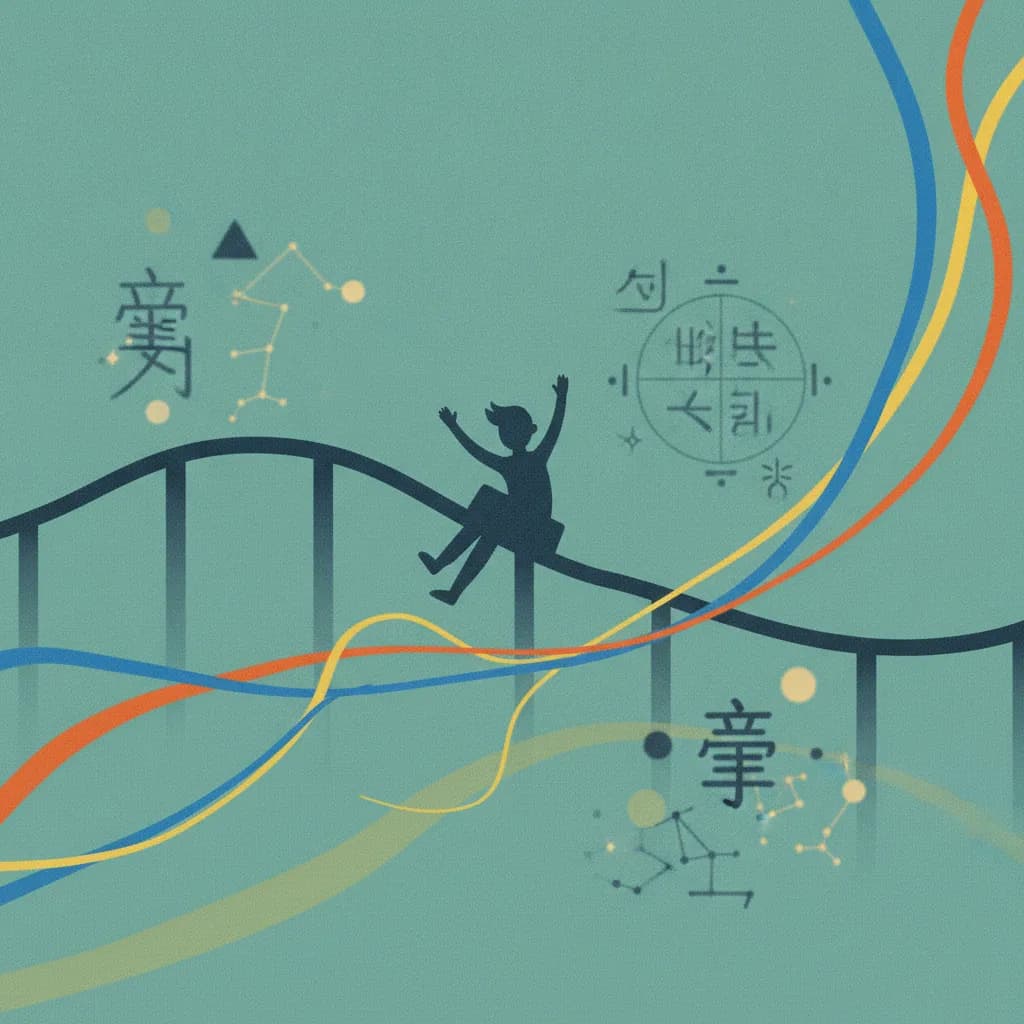 롤러코스터를 타는 사람 실루엣과 사주 차트 기호가 어우러진 일러스트