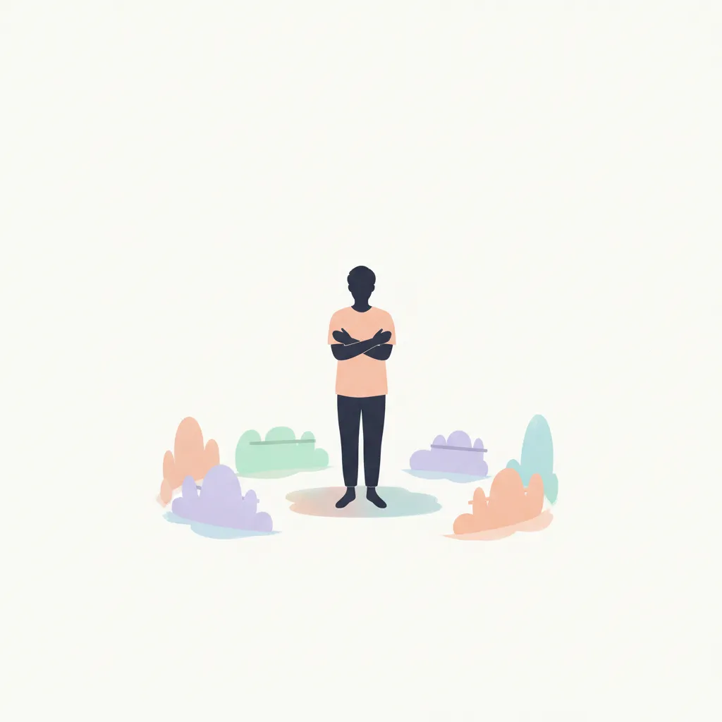 자신을 감싸듯 팔짱을 끼고 있는 인물 실루엣, 주변에 경계선이 그려져 있음