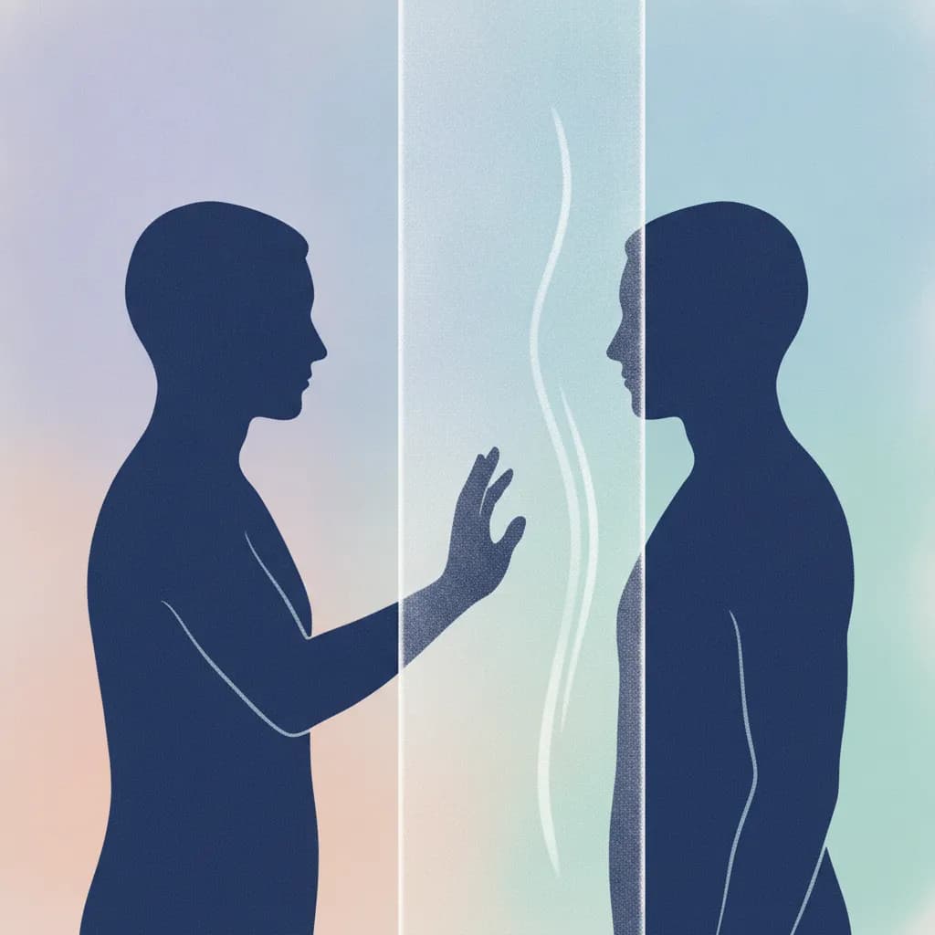마주보고 있는 두 인물 실루엣 사이에 투명한 벽이 있고, 한 인물이 손을 뻗으려다 멈칫하는 모습