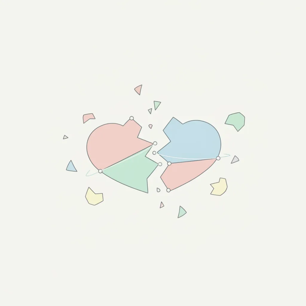 깨진 하트 조각이 다시 맞춰지는 모습, 이별과 만남의 반복을 상징