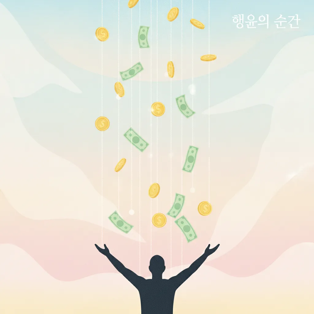 하늘에서 돈이 쏟아져 내리는 장면을 받는 인물 실루엣