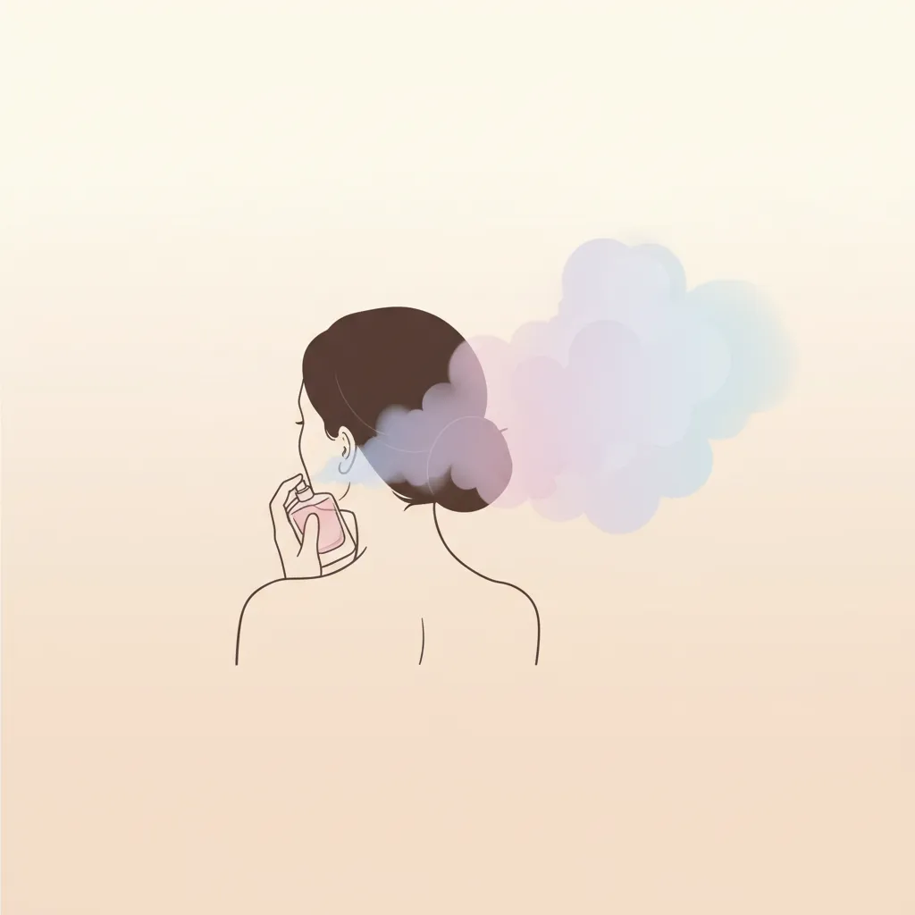 목덜미와 귀 뒤에 향수를 뿌리는 여성의 뒷모습 실루엣